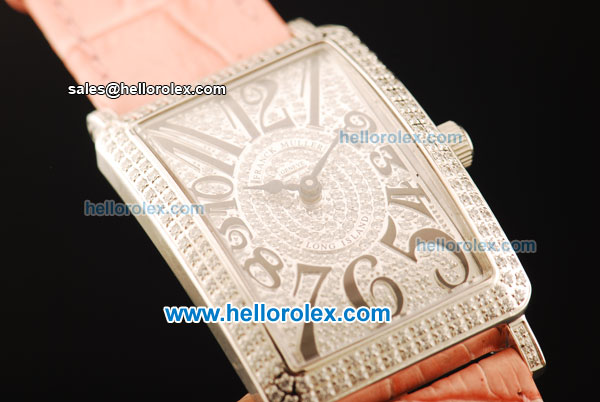 Franck Muller Long Island Swiss Quartz Movement Diamond Dial and Bezel with Pink Leather Strap - Click Image to Close